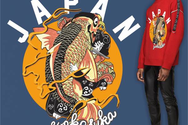 日式风鲤鱼人物字母印花矢量图服装裁片T恤烫图印花花型素材