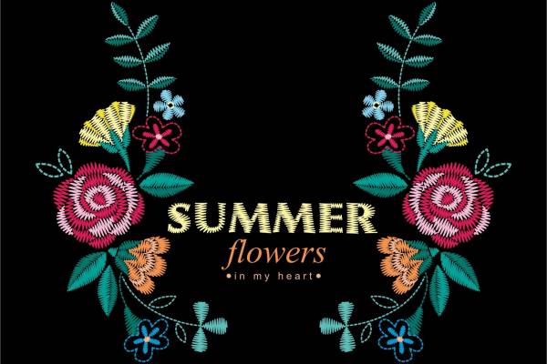 植物玫瑰花字母印花矢量图服装裁片T恤烫图印花花型素材