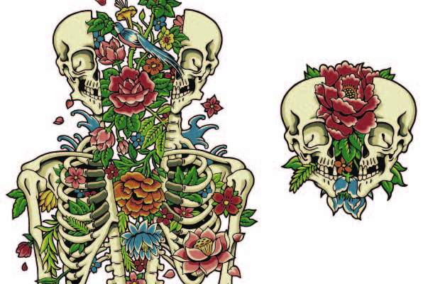 欧美风骷髅头牡丹花拼接印花矢量图服装裁片T恤烫图印花花型素材
