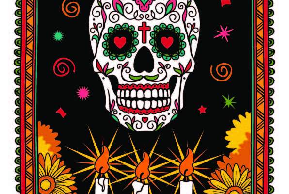 欧美风多彩骷髅头线条菊花拼接印花矢量图服装裁片T恤烫图印花花型素材