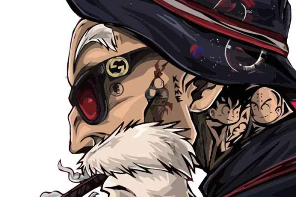 卡通动漫龙珠龟仙人抽烟印花矢量图服装裁片T恤烫图印花花型素材