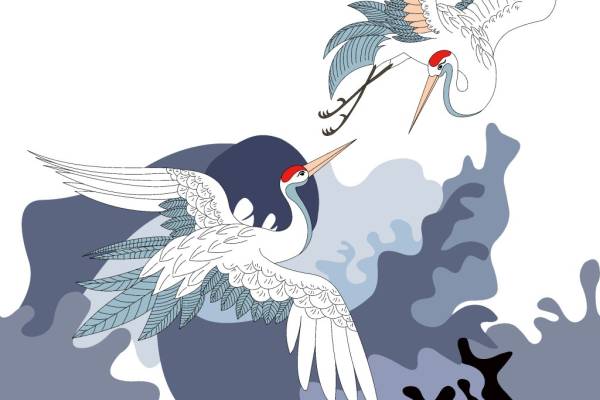 中国风几何图案仙鹤印花矢量图服装裁片T恤烫图印花花型素材