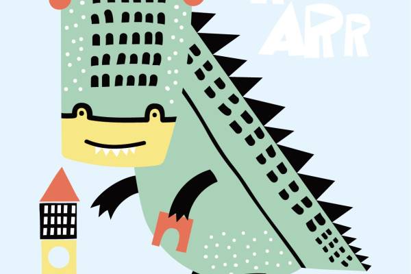 卡通恐龙字母印花矢量图儿童服装裁片T恤烫图印花花型素材