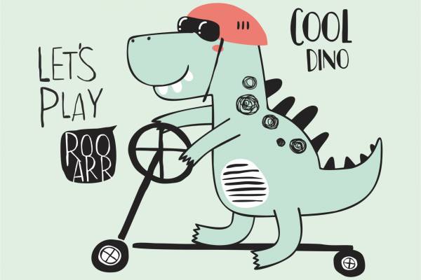 卡通恐龙字母滑板车印花矢量图儿童服装裁片T恤烫图印花花型素材