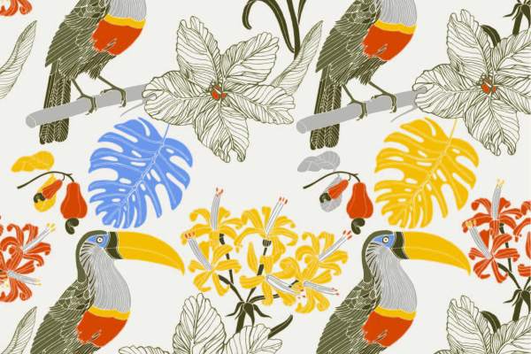 植物花卉动物大嘴鸟拼接印花矢量图服装纺织面料数码印花花型素材