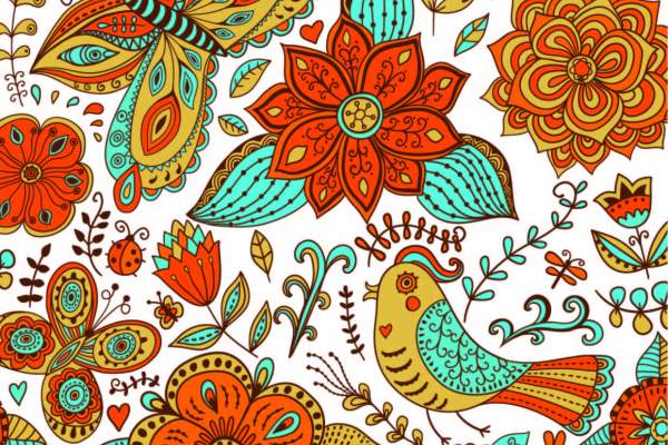 卡通植物花朵昆虫飞鸟印花矢量图服装纺织面料数码印花花型素材