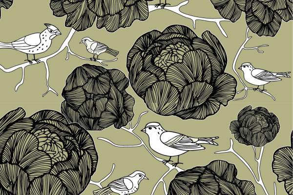 植物牡丹花飞鸟印花矢量图服装纺织面料数码印花花型素材