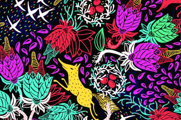 多彩线条植物花纹狐狸印花矢量图服装纺织面料数码印花花型素材