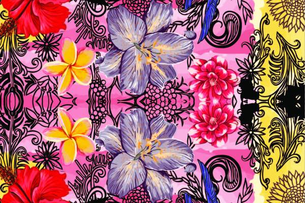 多彩植物花卉飞鸟印花矢量图服装纺织面料数码印花花型素材