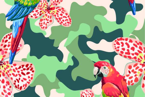 几何迷彩鹦鹉花朵拼接印花矢量图服装纺织面料数码印花花型素材