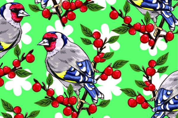 植物果实飞鸟拼接印花矢量图服装纺织面料数码印花花型素材