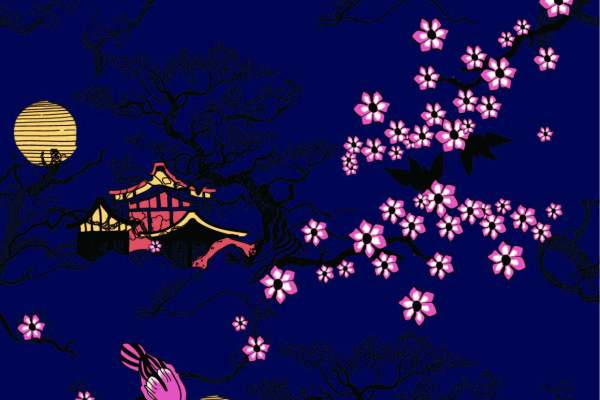 植物桃花建筑飞鸟印花矢量图服装纺织面料数码印花花型素材