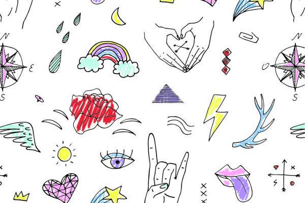 卡通手绘嘴唇手掌爱心彩虹拼接印花矢量图服装纺织面料数码印花花型素材