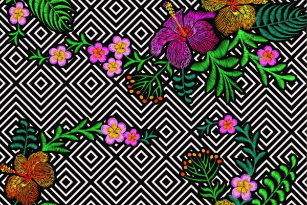 几何线条拼接植物花卉印花矢量图服装纺织面料数码印花花型素材