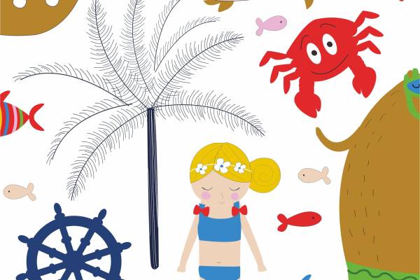 人物图案人物插画卡通图案卡通动物螃蟹鱼类章鱼乌龟印花矢量图