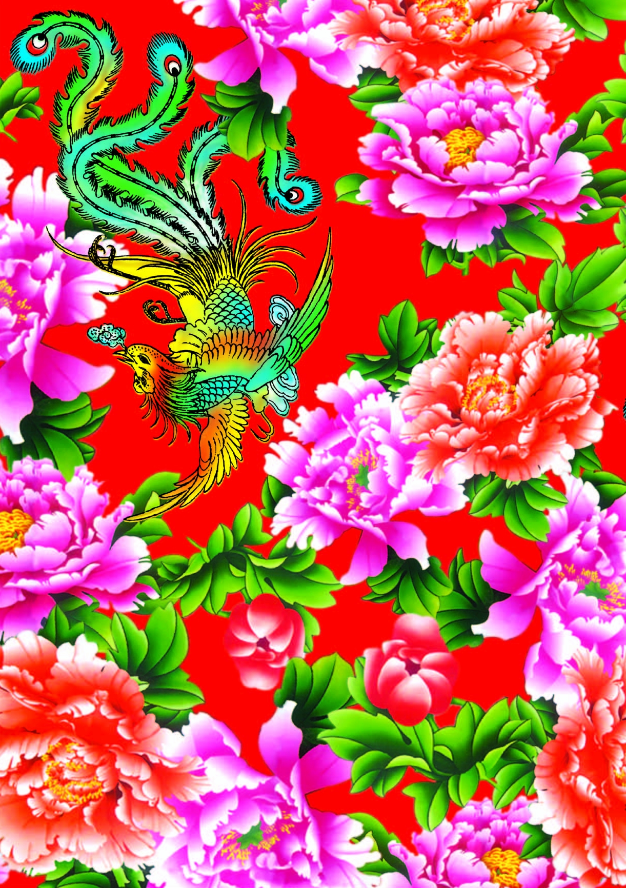 中国风植物牡丹花卉凤凰印花矢量图服装纺织面料数码印花花型