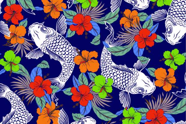 植物花卉鲤鱼印花矢量图服装纺织面料数码印花花型素材