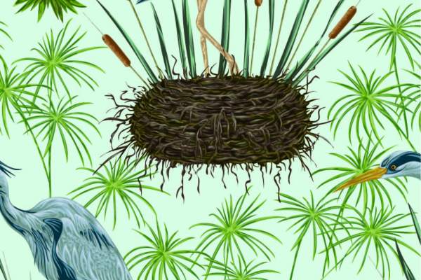 植物图案飞鸟白鹭印花矢量图服装纺织面料数码印花花型素材