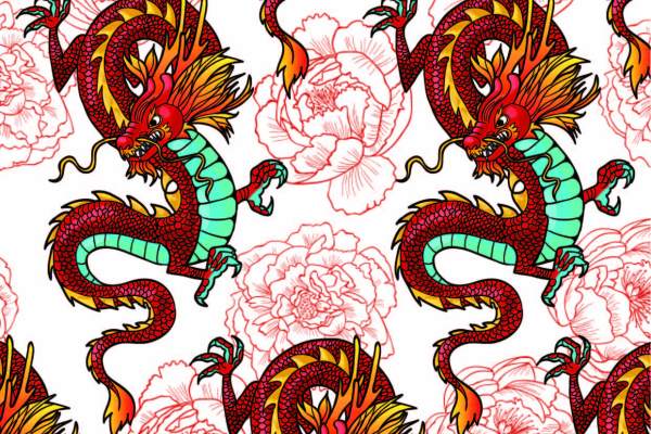 植物花纹牡丹花动物飞龙印花矢量图服装纺织面料数码印花花型素材