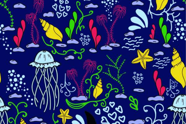 卡通海洋风鲸鱼海螺印花矢量图服装纺织面料数码印花花型素材