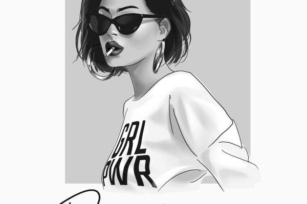 字母抽烟的女孩皇冠印花矢量图服装裁片T恤烫图印花花型素材