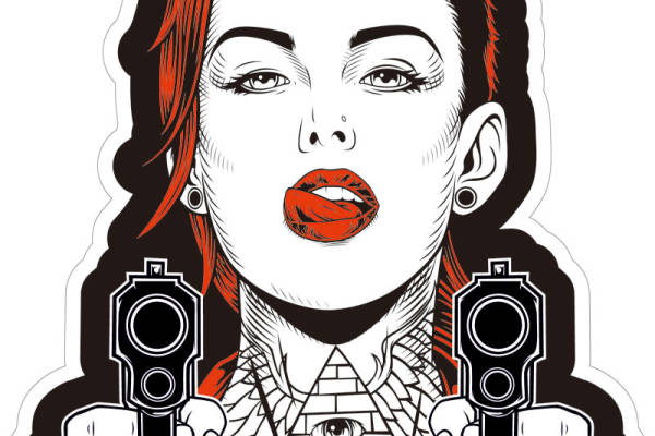 女孩人物手持双枪印花矢量图服装裁片T恤烫图印花花型素材