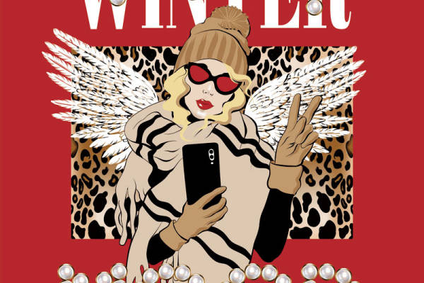 自拍的女孩图案印花矢量图服装裁片T恤烫图印花花型素材