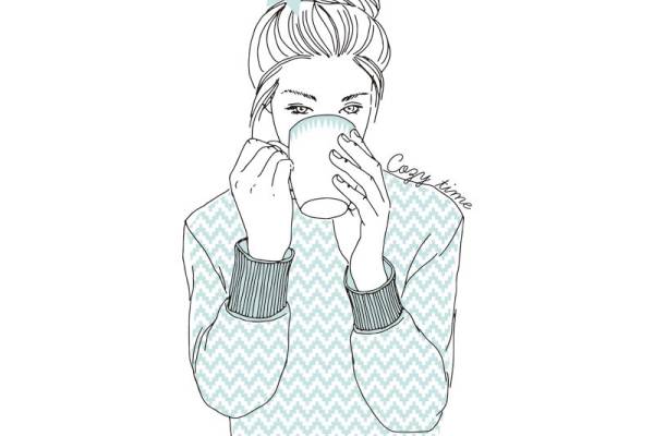 喝水的女孩字母印花矢量图服装裁片T恤烫图印花花型素材