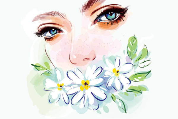 女孩图案植物邹菊印花矢量图服装裁片T恤烫图印花花型素材