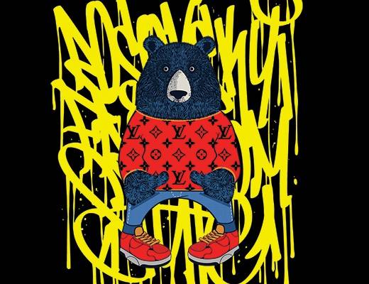 几何线条涂鸦动物熊潮牌LV花纹印花矢量图服装裁片T恤烫图印花花型素材