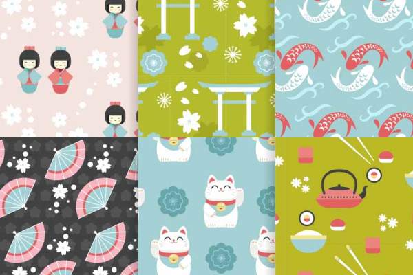 日式风卡通人物锦鲤招财猫印花矢量图服装纺织面料数码印花花型素材