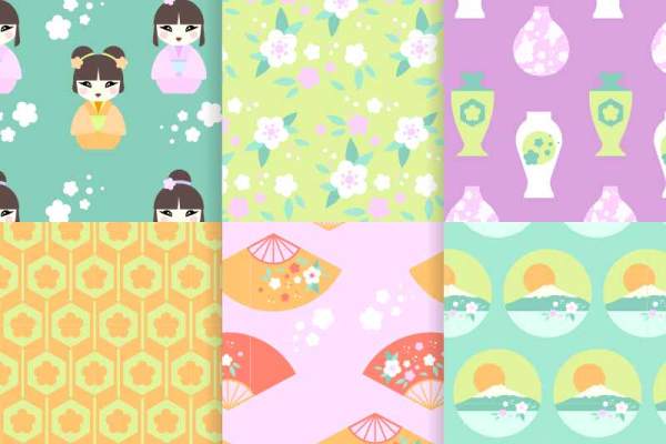 日式风卡通人物锦鲤招财猫印花矢量图服装纺织面料数码印花花型素材