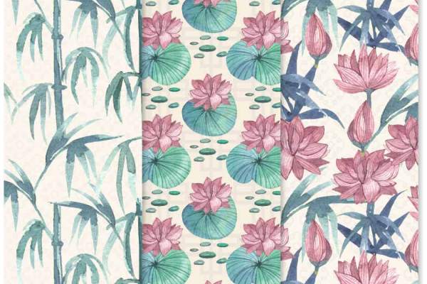 竹子荷花植物印花矢量图服装纺织面料数码印花素材