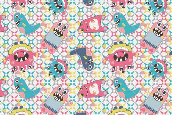 多彩几何图案卡通小怪兽拼接印花矢量图服装纺织数码印花花型素材