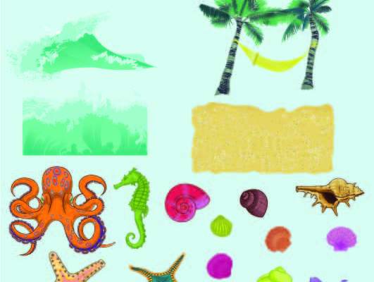 海洋风动物章鱼海马贝壳素材矢量图