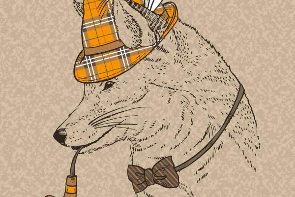 卡通动物头像狼烟斗印花矢量图服装裁片T恤烫图印花花型素材