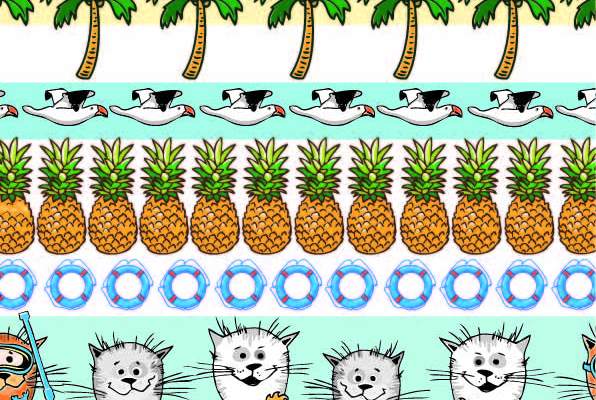 卡通动物猫咪菠萝椰子树飞鸟印花矢量图服装纺织数码印花花型素材