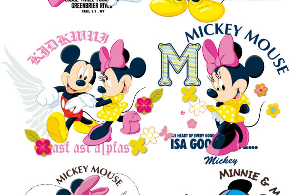 卡通动漫迪士尼米奇字母印花矢量图服装裁片T恤烫图印花花型素材