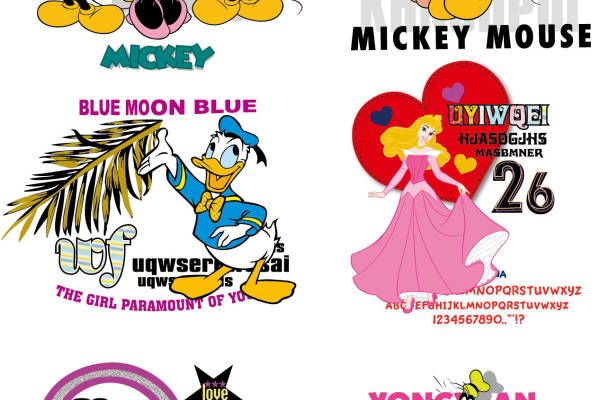 卡通动漫唐老鸭迪士尼米奇字母印花矢量图服装裁片T恤烫图印花花型素材
