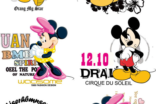 卡通动漫迪士尼米奇字母印花矢量图服装裁片T恤烫图印花花型素材