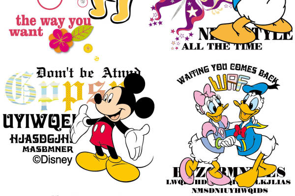 卡通动漫唐老鸭维尼熊迪士尼米奇字母印花矢量图服装裁片T恤烫图印花花型素材