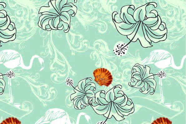 植物花纹火烈鸟贝壳印花矢量图服装纺织数码印花花型素材