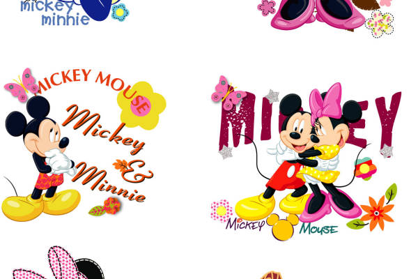卡通动漫迪士尼米奇米妮字母印花矢量图服装裁片T恤烫图印花花型素材