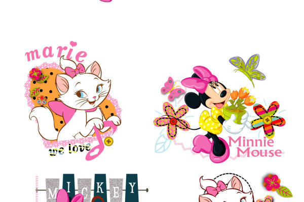 卡通动漫猫咪迪士尼米奇字母印花矢量图服装裁片T恤烫图印花花型素材