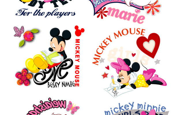卡通动漫猫咪迪士尼米奇字母印花矢量图服装裁片T恤烫图印花花型素材