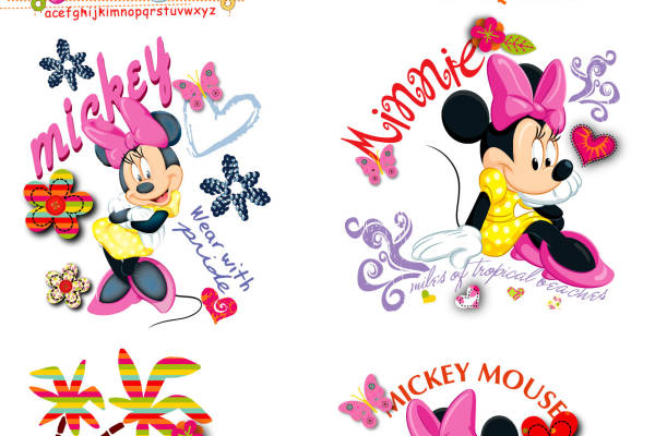 卡通动漫迪士尼米奇字母印花矢量图服装裁片T恤烫图印花花型素材