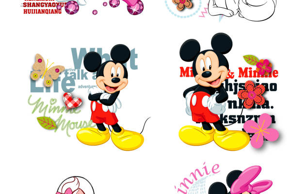 卡通动漫猫咪迪士尼米奇字母印花矢量图服装裁片T恤烫图印花花型素材