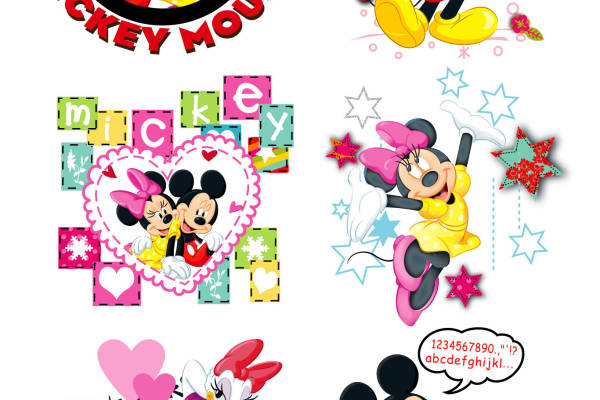 卡通动漫迪士尼米奇字母印花矢量图服装裁片T恤烫图印花花型素材