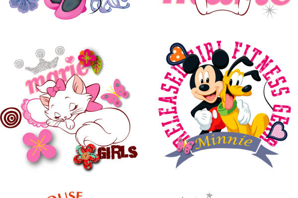 卡通动漫猫咪迪士尼米奇字母印花矢量图服装裁片T恤烫图印花花型素材