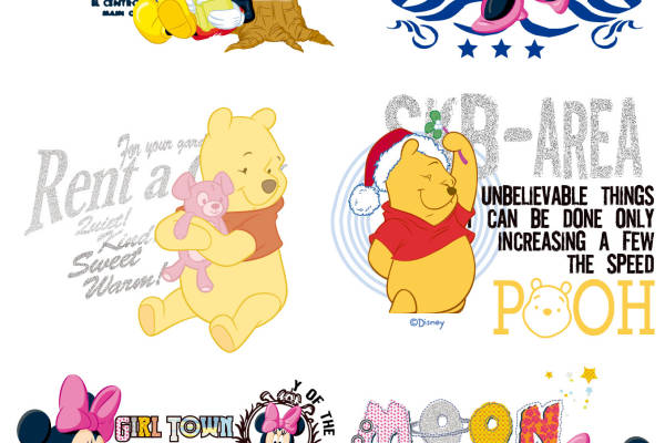 卡通动漫维尼熊迪士尼米奇字母印花矢量图服装裁片T恤烫图印花花型素材